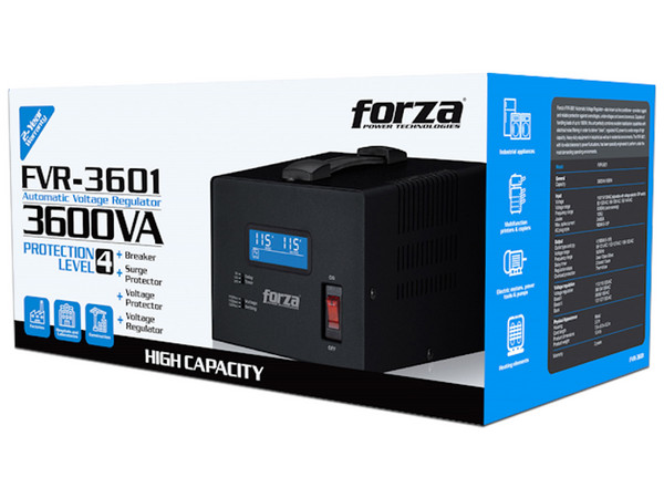 Regulador de Voltaje Forza FVR-3601 de 3600VA/1800W, 4 Tomas de Corriente, Color Negro.