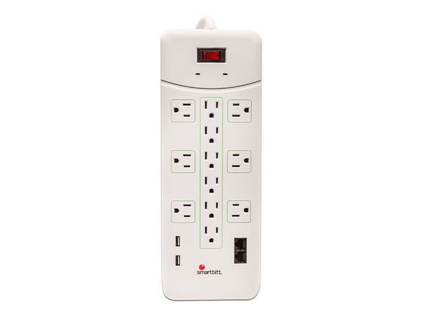 Supresor de Picos Smartbitt de 12 contactos NEMA 5-15R, 10A, 2 puertos USB, 2 puertos RJ-45, 3 puertos RJ-11. Color Blanco.