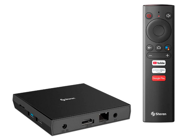 TV Box Steren INTV-1000 con Android TV, Memoria RAM de 2GB, Almacenamiento de 16GB, Control remoto, Wi-Fi, HDMI. Color Negro.
