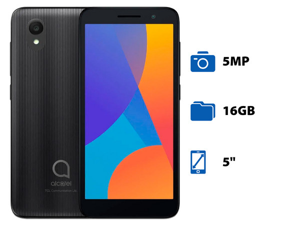 Smartphone Alcatel 1:
Procesador Quad Core (1.3 GHz),
Memoria RAM de 1GB, Almacenamiento de 16GB,
Pantalla LED Multi Touch de 5