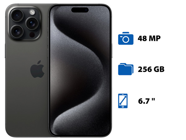 Smartphone Apple iPhone 15 pro Max:
Procesador Chip Apple A17 Pro,
Almacenamiento de 256GB,
Pantalla Super Retina XDR de 6.7