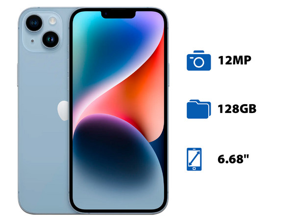 Smartphone Apple iPhone 14 Plus: Procesador Apple Chip A15 Bionic, Almacenamiento De 128GB, Pantalla Super Retina XDR Oled De 6.68