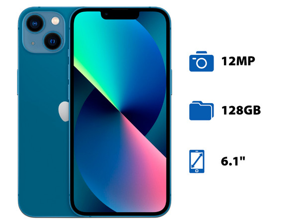 Smartphone Apple iPhone 13:
Procesador Chip Apple A15 Bionic Neural Engine,
Almacenamiento de 128GB,
Pantalla Super Retina XDR de 6.1