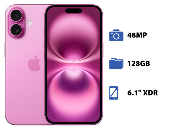 iPhone 16: 
Procesador Chip A18, 
Almacenamiento de 128GB, 
Pantalla Super Retina XDR de 6.1
