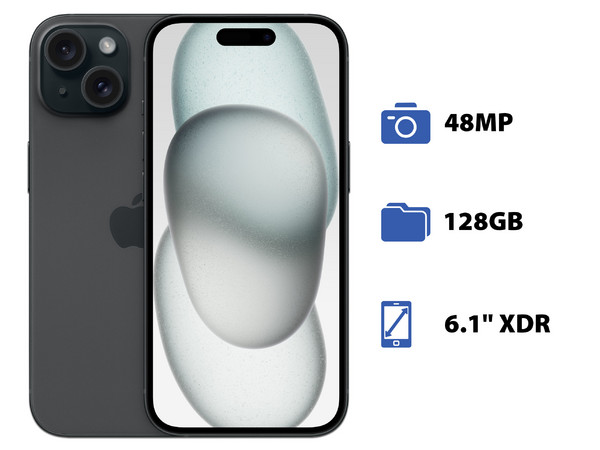 Smartphone Apple iPhone 15: 
Procesador Apple Chip A16 Bionic, 
Almacenamiento de 128GB, 
Pantalla Super Retina XDR de 6.1