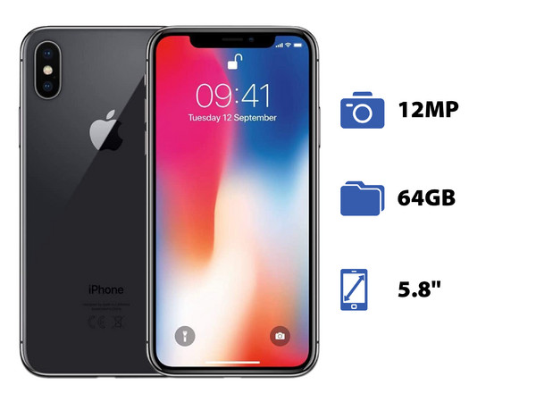 Apple iPhone X:
Procesador A11 Bionic,
Memoria RAM de 3GB, Almacenamiento de 64GB,
Pantalla OLED de 5.8
