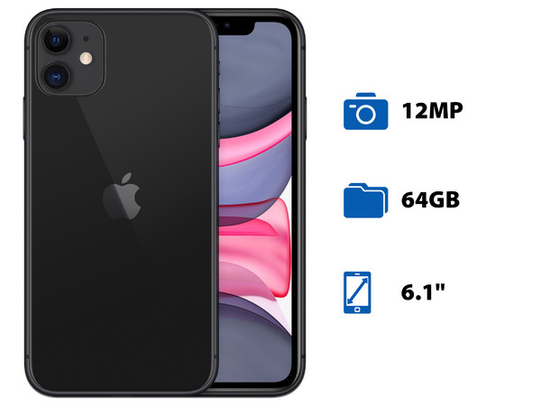 Smartphone Apple iPhone 11:
Procesador A13 Bionic,
Almacenamiento de 64 GB,
Pantalla LCD Multi-Touch de 6.1