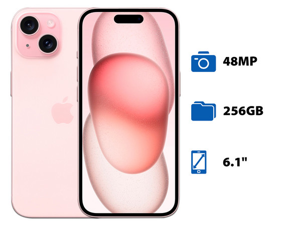 Smartphone Apple iPhone 15: 
Procesador Chip Apple A16 Bionic Neural Engine, 
Almacenamiento de 256GB, 
Pantalla Super Retina XDR de 6.1
