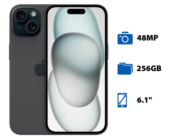 Smartphone Apple iPhone 15: 
Procesador Apple Chip A16 Bionic, 
Almacenamiento de 256GB, 
Pantalla Super Retina XDR de 6.1
