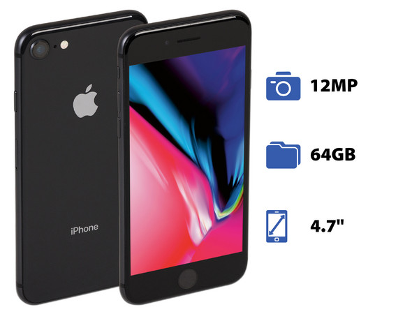 Smartphone Apple iPhone 8:
Procesador Chip Apple A11 Bionic Neural Engine,
Almacenamiento de 64GB,
Pantalla retina de 4.7