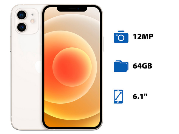 Smartphone Apple iPhone 12:
Procesador Chip Apple A14 Bionic,
Almacenamiento de 64GB,
Pantalla Super Retina XDR de 6.1