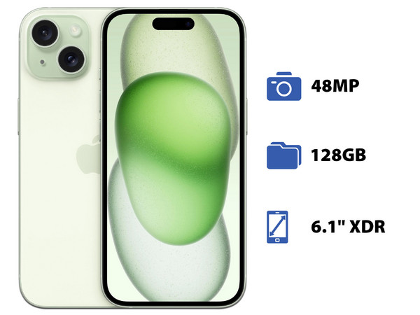 Smartphone Apple iPhone 15: 
Procesador Apple Chip A16 Bionic, 
Almacenamiento de 128GB, 
Pantalla Super Retina XDR de 6.1