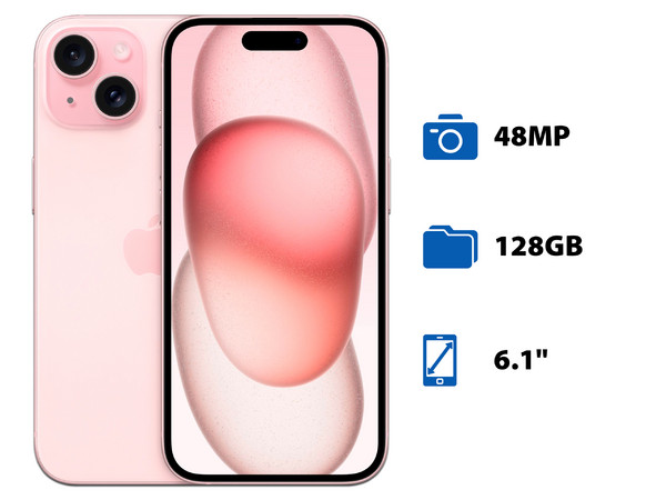 Smartphone Apple iPhone 15: 
Procesador Apple Chip A16 Bionic, 
Almacenamiento de 128GB, 
Pantalla Super Retina XDR de 6.1