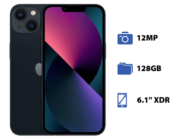 Smartphone Apple iPhone 13:
Procesador Chip Apple A15 Bionic Neural Engine,
Almacenamiento de 128GB,
Pantalla Super Retina XDR de 6.1