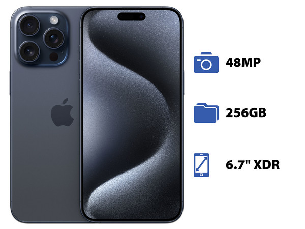 Smartphone Apple iPhone 15 Pro Max: 
Procesador Apple Chip A17 Pro, 
Almacenamiento de 256GB, 
Pantalla Super Retina XDR de 6.7