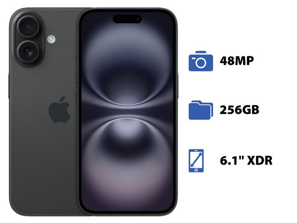 Smartphone Apple iPhone 16: 
Procesador Chip A18, 
Almacenamiento de 256GB, 
Pantalla Super Retina XDR de 6.1
