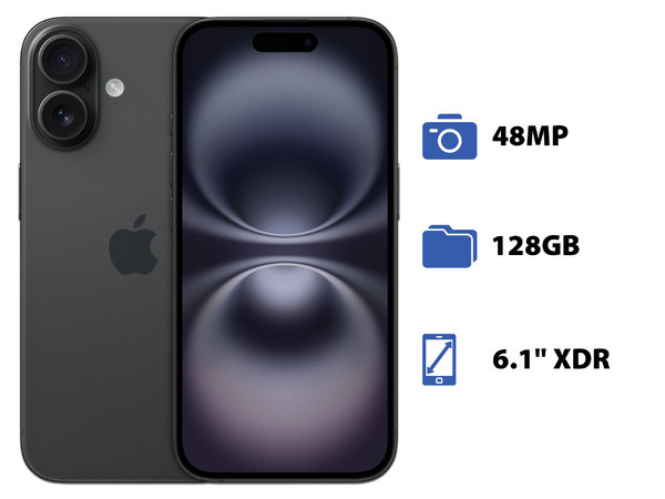 iPhone 16: 
Procesador Chip A18, 
Almacenamiento de 128GB, 
Pantalla Super Retina XDR de 6.1