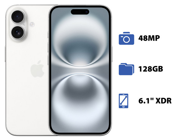 iPhone 16: 
Procesador Apple Chip A18, 
Almacenamiento de 128GB, 
Pantalla Super Retina XDR de 6.1