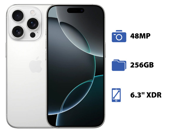 Smartphone Apple iPhone 16 Pro: 
Procesador Chip A18 Pro, 
Almacenamiento de 256GB, 
Pantalla Super Retina XDR de 6.3