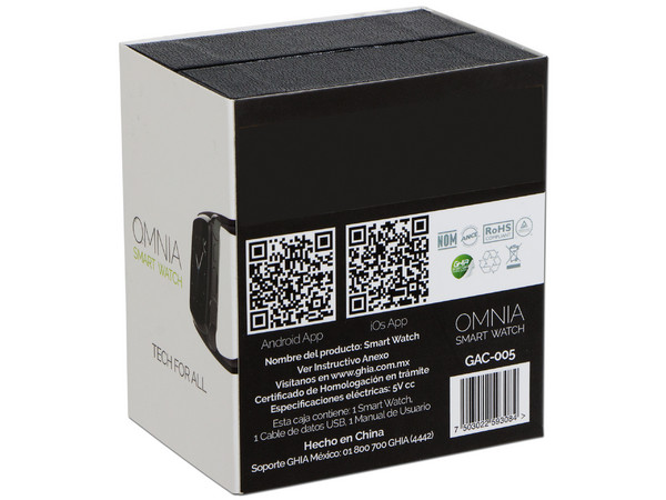 Smartwatch GHIA OMNIA: Procesador Mediatek MTK 6260 a 533 MHz, Memoria RAM de 16MB, Almacenamiento de 8MB (microSD hasta 32GB), Pantalla TFT de 1.54