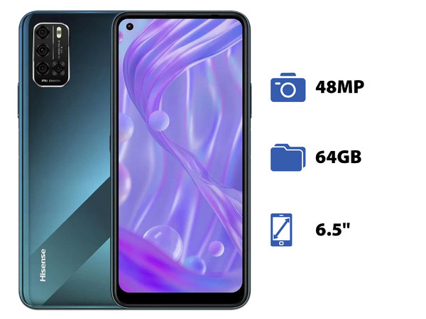 Smartphone Hisense V50:
Procesador Octa Core (1.60 GHz),
Memoria RAM de 4GB,
Almacenamiento de 64GB,
Pantalla LED Multi Touch de 6.5