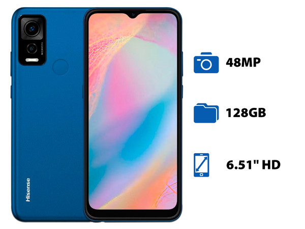Smartphone Hisense E50s:
Procesador Octacore (hasta 1.8 GHz),
Memoria RAM de 4GB,
Almacenamiento de 128GB,
Pantalla LED Multi Touch de 6.51