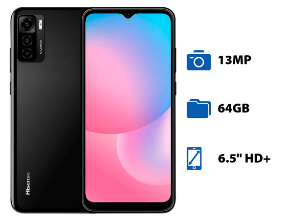 Smartphone Hisense E60 Lite:
Procesador Octa Core (hasta 1.6 GHz),
Memoria RAM de 2GB, Almacenamiento de 64GB,
Pantalla LED Multi Touch de 6.5
