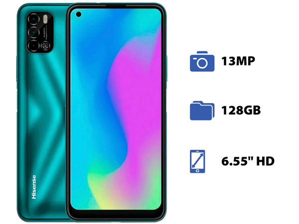 Smartphone Hisense E50: 
Procesador Octa Core (hasta 1.6 GHz), 
Memoria RAM de 4GB, Almacenamiento de 128GB, 
Pantalla LED Multi Touch de 6.55