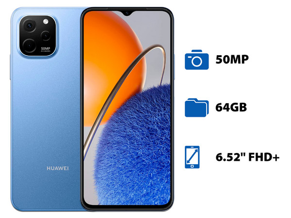 Smartphone Huawei nova Y61:
Procesador Octa Core (hasta 2.0 GHz),
Memoria RAM de 4GB, Almacenamiento de 64GB,
Pantalla LED Multi Touch de 6.52