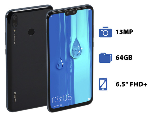 Smartphone Huawei Y9(2019): 
Procesador Kirin 710 Octa-core (hasta 2.19 GHz), 
Memoria RAM de 3GB, Almacenamiento de 64GB, 
Pantalla LED Multi Touch de 6.5