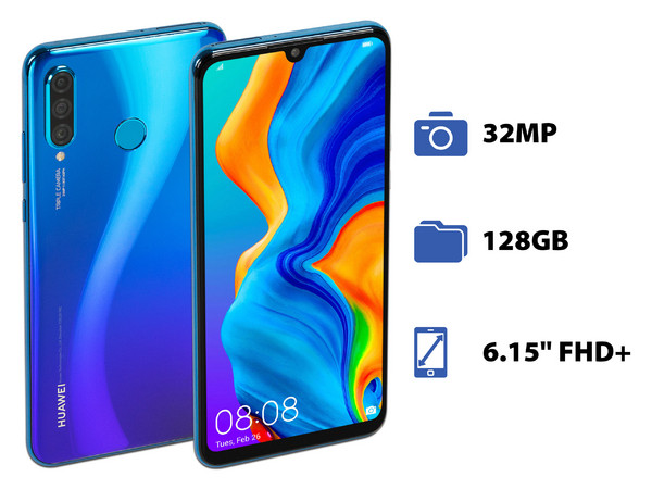 Smartphone Huawei P30 Lite:
Procesador Kirin 710 Octa Core (hasta 2.2 GHz),
Memoria RAM de 6GB, Almacenamiento de 128GB
(expandible con microSD),
Pantalla de 6.15