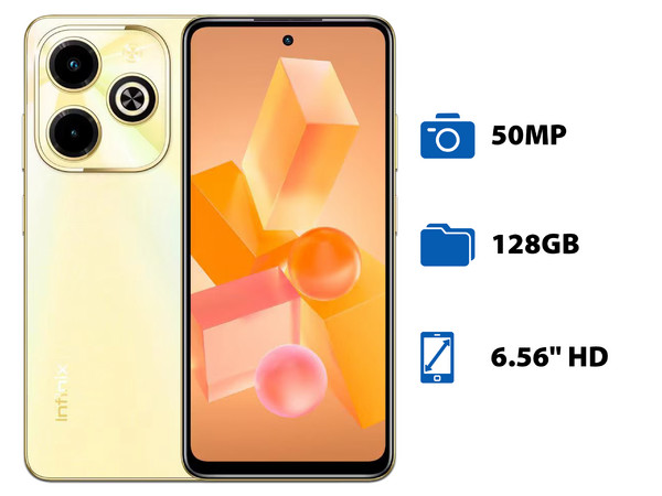Smartphone Infinix Hot 40I: 
Procesador Unisoc T606 (hasta 1.6 GHz), 
Memoria de 4GB, 
Almacenamiento de 128GB, 
Pantalla LED Multi-Touch de 6,56