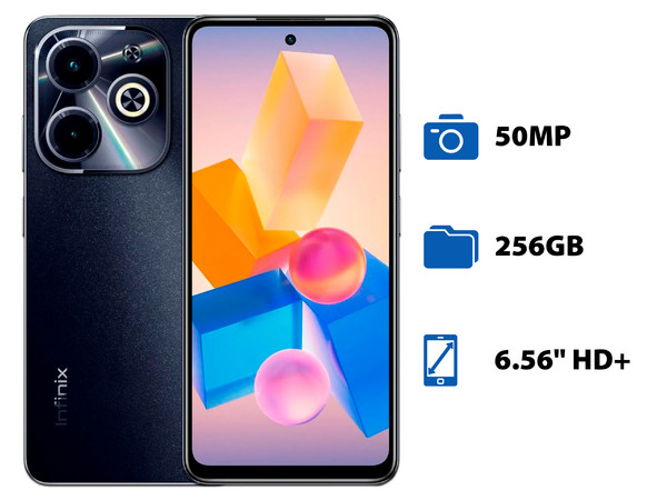 Smartphone Infinix Hot 40i: 
Procesador Octa Core (hasta 1.6 GHz), 
Memoria de 8GB, Almacenamiento de 256GB, 
Pantalla LED Multi-Touch de 6.56