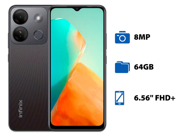 Smartphone Infinix Smart 7: 
Procesador Unisoc SC9863A, 
Memoria RAM de 2GB, 
Almacenamiento de 64GB,
Pantalla LED Multi-Touch de 6.56