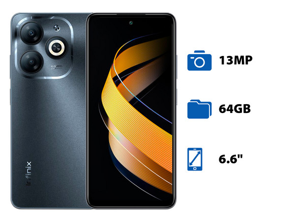 Smartphone Infinix Smart:
Procesador (hasta 2.0 GHz), 
Memoria de 3GB, Almacenamiento de 64GB, 
Pantalla LED de 6.6