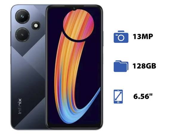 Smartphone Infinix Hot 30I: Procesador Unisoc Tiger T606 (hasta 1.6 GHz), Memoria de 4GB, Almacenamiento de 128GB, Pantalla IPS LCD de 6.56