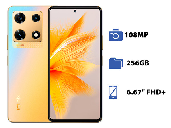 Smartphone Infinix NOTE 30 PRO: 
Procesador MediaTek Helio G99 (hasta 2.2 GHz), 
Memoria de 8GB, 
Almacenamiento de 256GB, 
Pantalla LED de 6.67