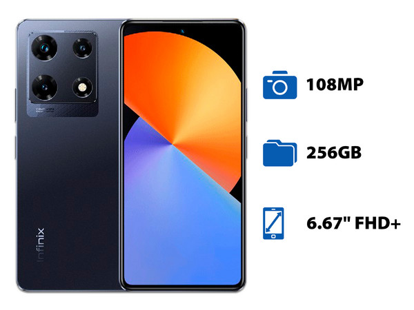 Smartphone Infinix Note 30 Pro: 
Procesador Octa Core (hasta 2.2 GHz), 
Memoria RAM de 8GB, 
Almacenamiento de 256GB,
Pantalla LED Multi-Touch de 6.67