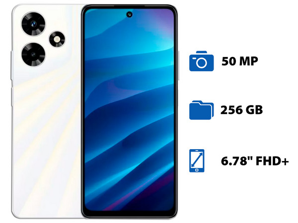 Smartphone Infinix Hot 30: 
Procesador MediaTek Helio G88 (hasta 2.0 GHz), 
Memoria de 8GB, 
Almacenamiento de 256GB, 
Pantalla LED de 6.78