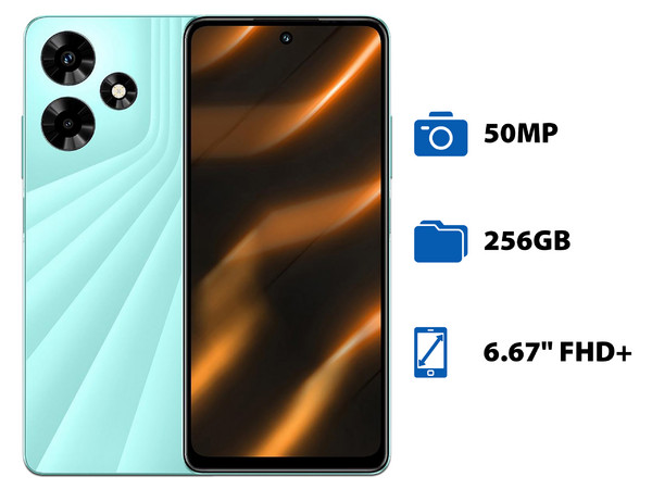 Smartphone Infinix Hot 30: 
Procesador Helio G88 Octa Core (hasta 2 GHz), 
Memoria RAM de 8GB, Almacenamiento de 256GB, 
Pantalla IPS LCD de 6.67