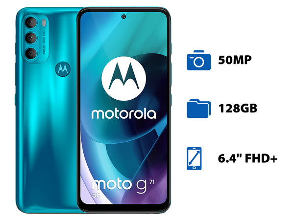Smartphone Motorola Moto G71 5G: 
Procesador Snapdragon 695 (hasta 2.2 GHz), 
Memoria RAM de 6GB, 
Almacenamiento de 128GB, 
Pantalla LED Multi-Touch de 6.4