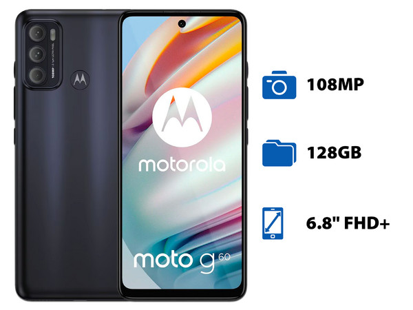 Smartphone Motorola G60:
Procesador Snapdragon 732G,
Memoria RAM de 4GB, Almacenamiento de 128GB,
Pantalla LED Multi-Touch de 6.8