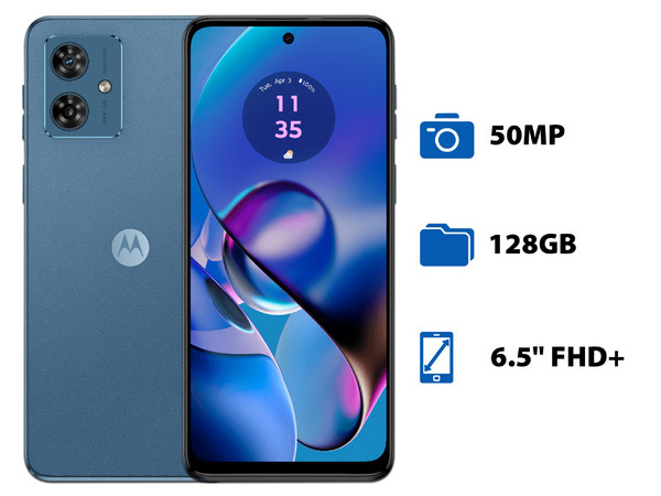 Smartphone Motorola Moto G54: 
Procesador Dimensity 7020 (hasta 2.2 GHz), 
Memoria RAM de 8GB, Almacenamiento de 128GB, 
Pantalla LED Multi-Touch de 6.5