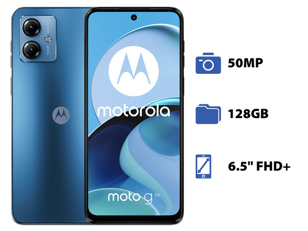 Smartphone Motorola Moto G14: 
Procesador Octa-Core (hasta 2.0 GHz), 
Memoria RAM de 4GB, Almacenamiento de 128GB, 
Pantalla LED Multi-Touch de 6.5