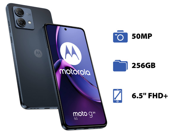 Smartphone Motorola G84:
Procesador Octa Core (hasta 2.2 GHz),
Memoria RAM 8GB, Almacenamiento de 256GB,
Pantalla pOLED de 6.5