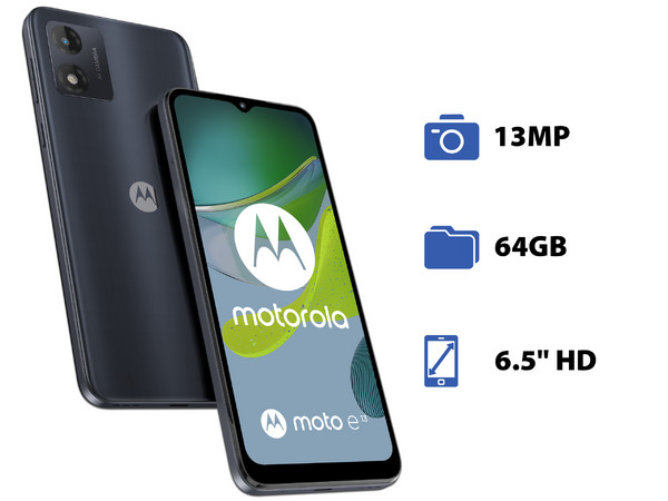 Smartphone Motorola Moto E13: 
Procesador UNISOC T606 (hasta 1.6 GHz), 
Memoria RAM de 2GB, 
Almacenamiento de 64GB, 
Pantalla LED Multi-Touch de 6.5
