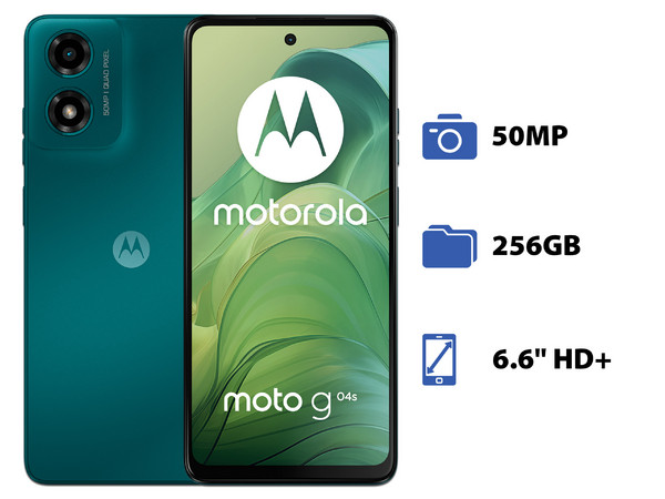Smartphone Motorola Moto G04s: 
Procesador Unisoc T606 (hasta 1.6 GHz), 
Memoria RAM de 4GB, Almacenamiento de 256GB, 
Pantalla LED Multi Touch de 6.6