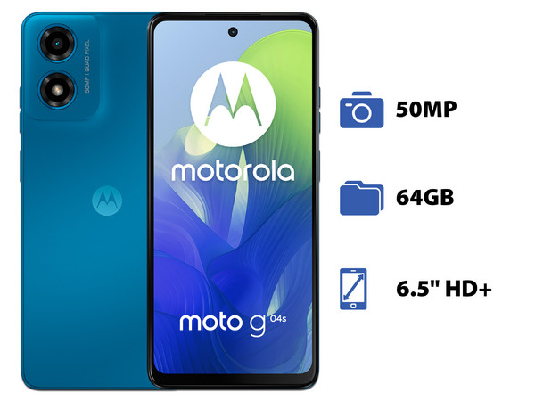 Smartphone Motorola G04s: 
Memoria RAM de 4GB, Almacenamiento de 64GB, 
Pantalla LCD Multi Touch de 6.5