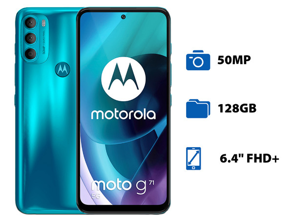Smartphone Motorola Moto G71 5G: 
Procesador Snapdragon 695 (hasta 2.2 GHz), 
Memoria RAM de 6GB, 
Almacenamiento de 128GB,
Pantalla LED Multi-Touch de 6.4