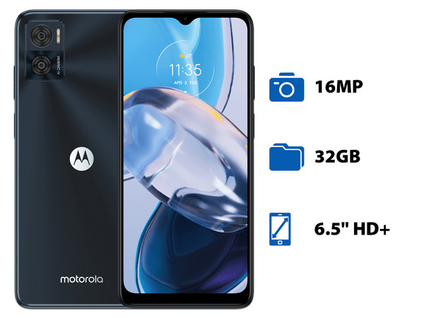 Smartphone Motorola Moto E22: 
Procesador MediaTek Helio G37 (hasta 2.3 GHz), 
Memoria RAM de 3GB, Almacenamiento de 32GB, 
Pantalla LED Multi-Touch de 6.5
